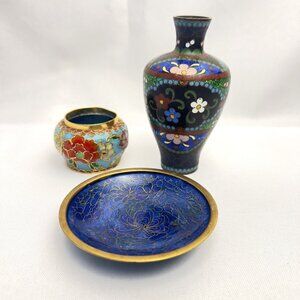 Lot 3 Vintage Cloisonné Enamelware Small Vase Bowl Plate Chinese Decorative Art